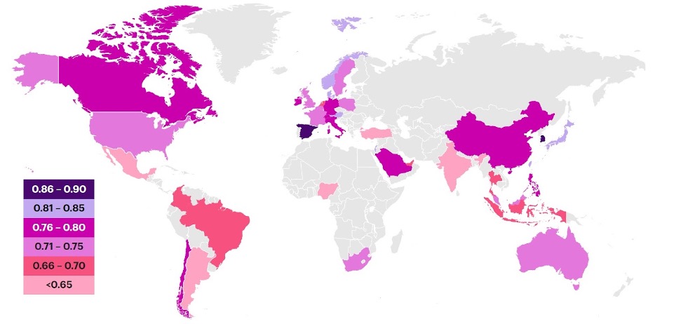 Figura 1, Distribuzione in 39 mercati della parità globale di ricchezza (2022 Global Gender Wealth Equity Report, p.9)